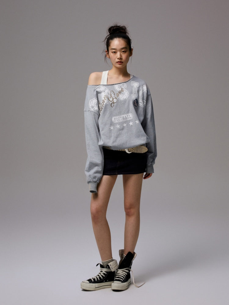 American Vintage Letter Print Rhinestone Asymmetrical Slanted Shoulder Sweatshirt【s0000014231】