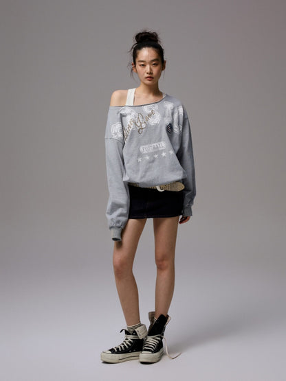 American Vintage Letter Print Rhinestone Asymmetrical Slanted Shoulder Sweatshirt【s0000014231】