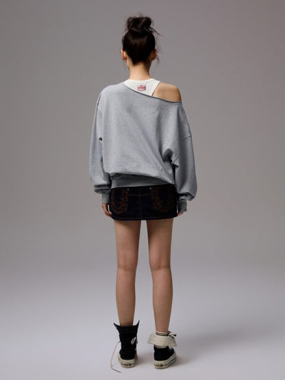 American Vintage Letter Print Rhinestone Asymmetrical Slanted Shoulder Sweatshirt【s0000014231】
