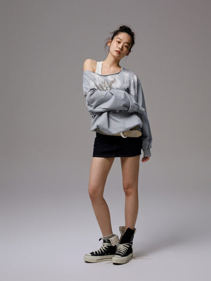 American Vintage Letter Print Rhinestone Asymmetrical Slanted Shoulder Sweatshirt【s0000014231】