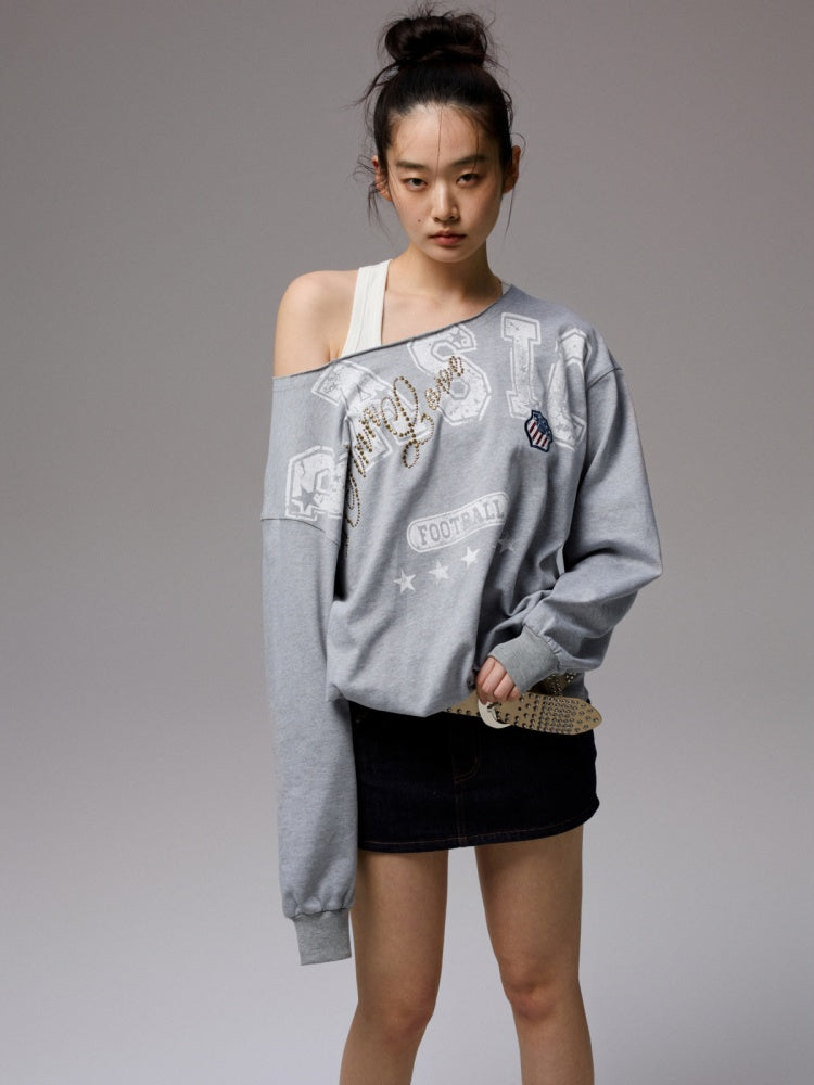 American Vintage Letter Print Rhinestone Asymmetrical Slanted Shoulder Sweatshirt【s0000014231】