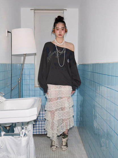 American Vintage Letter Print Rhinestone Asymmetrical Slanted Shoulder Sweatshirt【s0000014231】