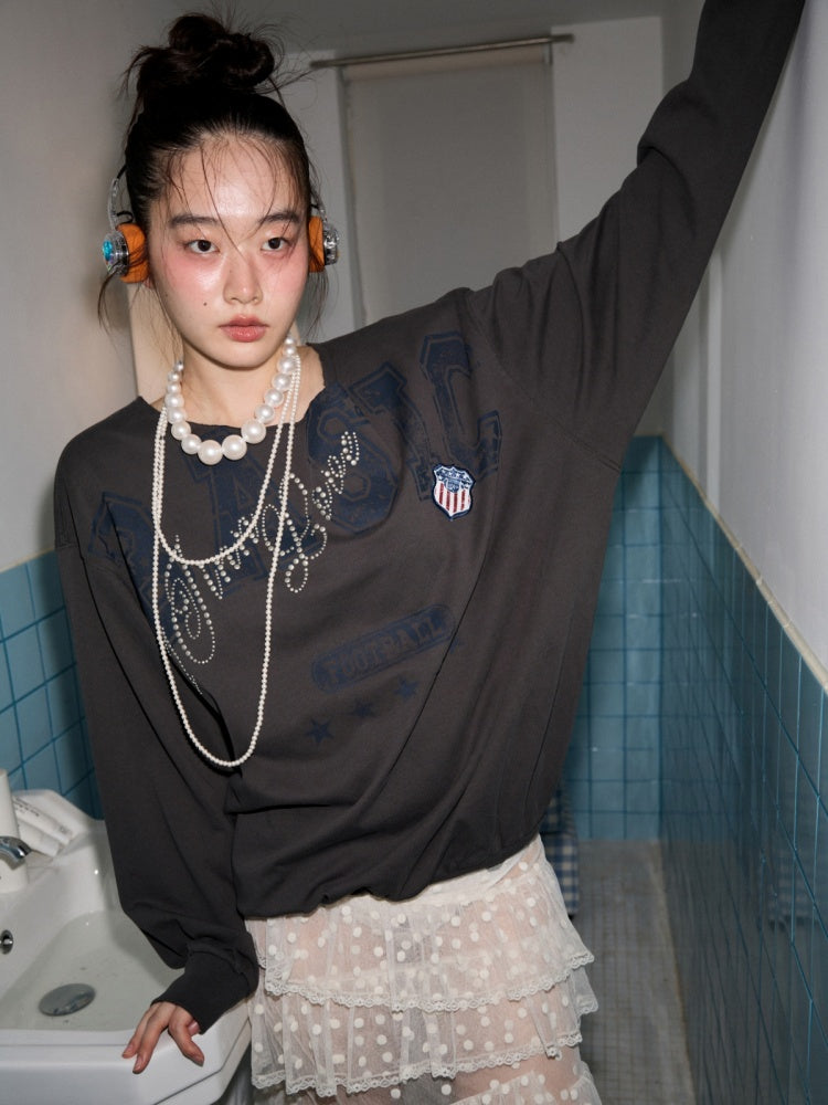 American Vintage Letter Print Rhinestone Asymmetrical Slanted Shoulder Sweatshirt【s0000014231】