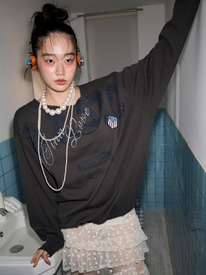 American Vintage Letter Print Rhinestone Asymmetrical Slanted Shoulder Sweatshirt【s0000014231】