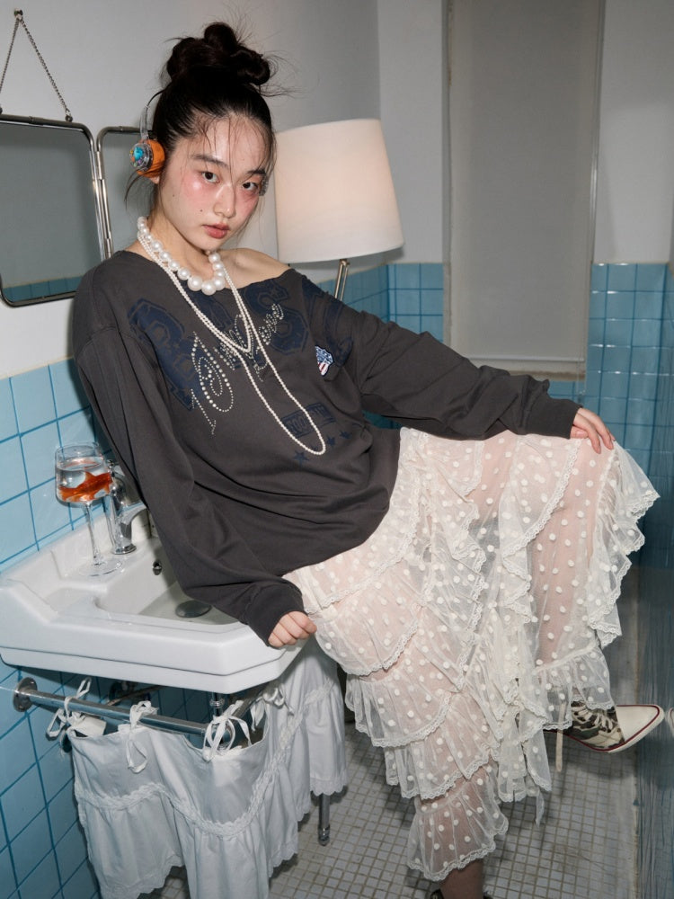American Vintage Letter Print Rhinestone Asymmetrical Slanted Shoulder Sweatshirt【s0000014231】