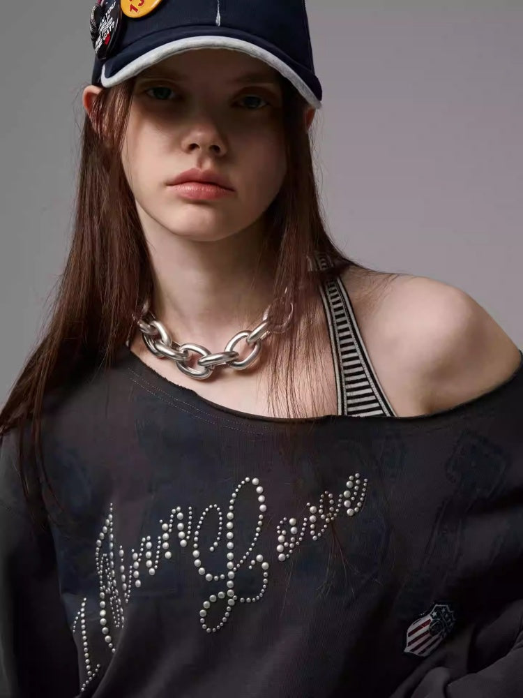 American Vintage Letter Print Rhinestone Asymmetrical Slanted Shoulder Sweatshirt【s0000014231】