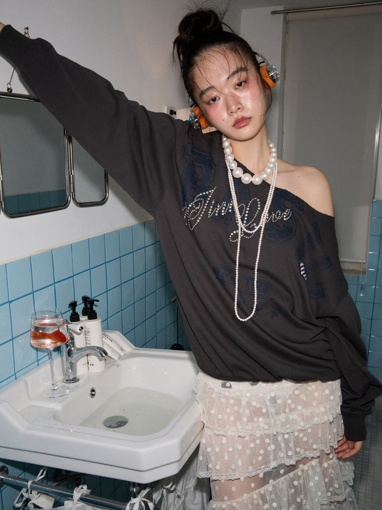 American Vintage Letter Print Rhinestone Asymmetrical Slanted Shoulder Sweatshirt【s0000014231】