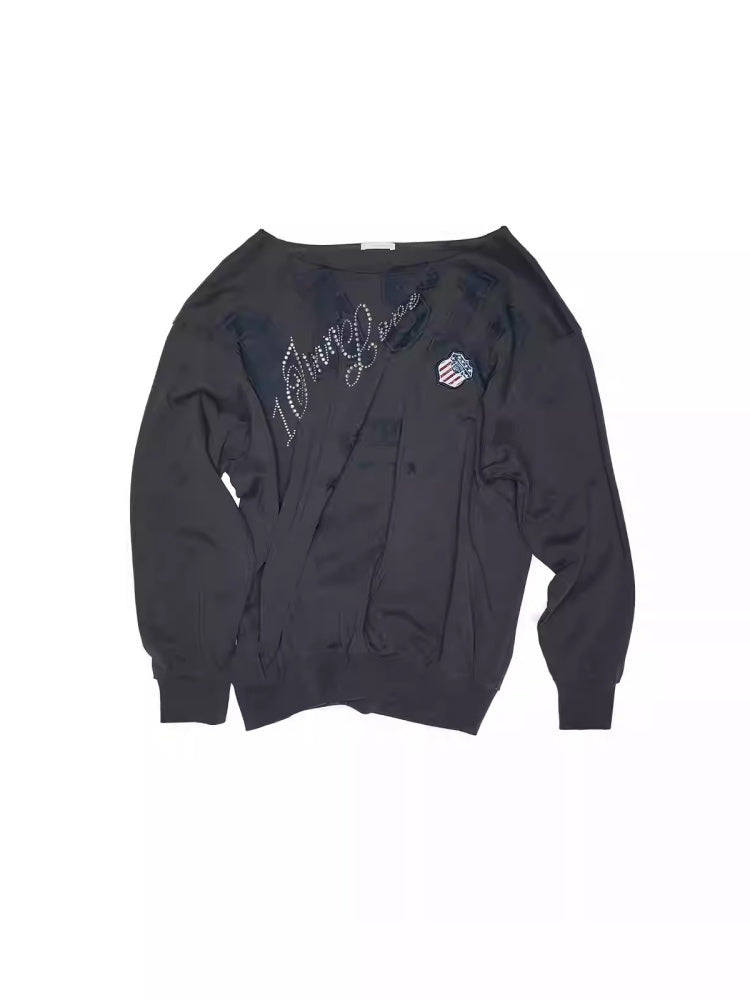 American Vintage Letter Print Rhinestone Asymmetrical Slanted Shoulder Sweatshirt【s0000014231】
