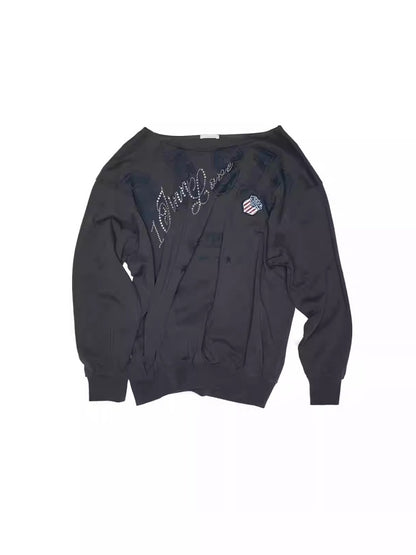 American Vintage Letter Print Rhinestone Asymmetrical Slanted Shoulder Sweatshirt【s0000014231】