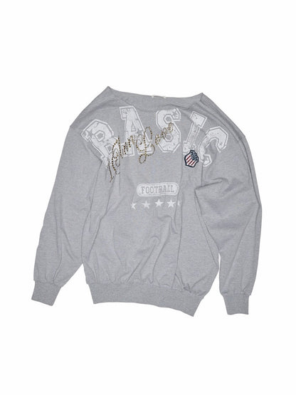 American Vintage Letter Print Rhinestone Asymmetrical Slanted Shoulder Sweatshirt【s0000014231】