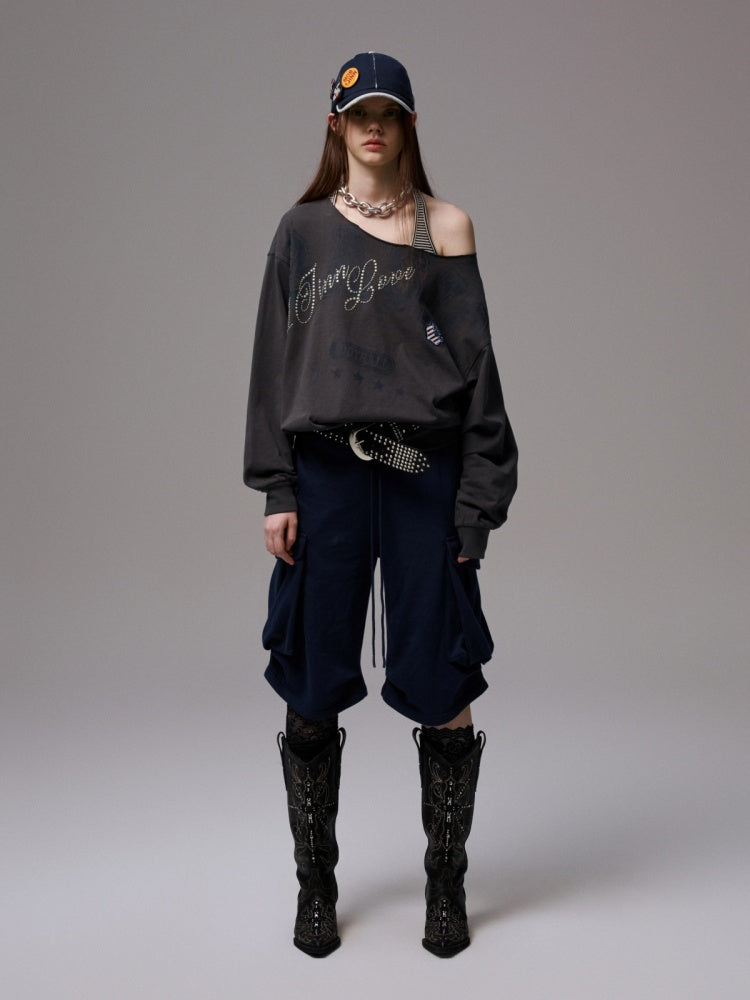 American Vintage Letter Print Rhinestone Asymmetrical Slanted Shoulder Sweatshirt【s0000014231】