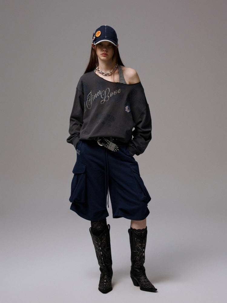 American Vintage Letter Print Rhinestone Asymmetrical Slanted Shoulder Sweatshirt【s0000014231】