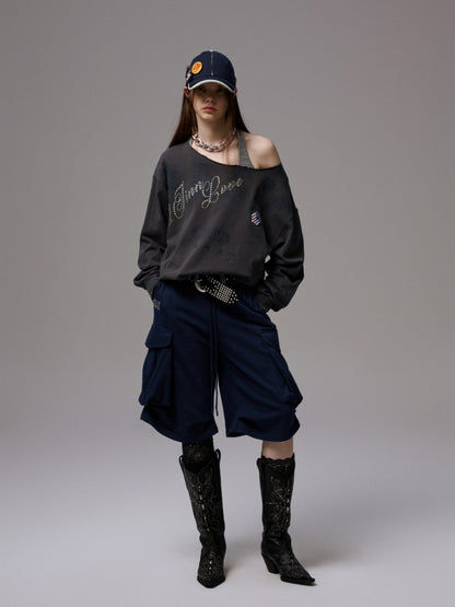 American Vintage Letter Print Rhinestone Asymmetrical Slanted Shoulder Sweatshirt【s0000014231】