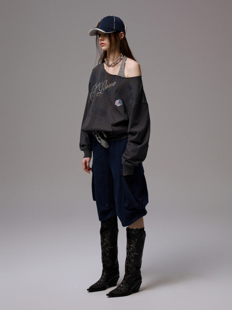 American Vintage Letter Print Rhinestone Asymmetrical Slanted Shoulder Sweatshirt【s0000014231】
