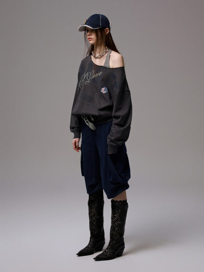 American Vintage Letter Print Rhinestone Asymmetrical Slanted Shoulder Sweatshirt【s0000014231】
