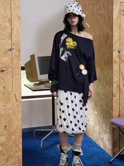 Retro Polka Dot Contrast Three-Dimensional Flower Bud Mid Skirt【s0000014233】