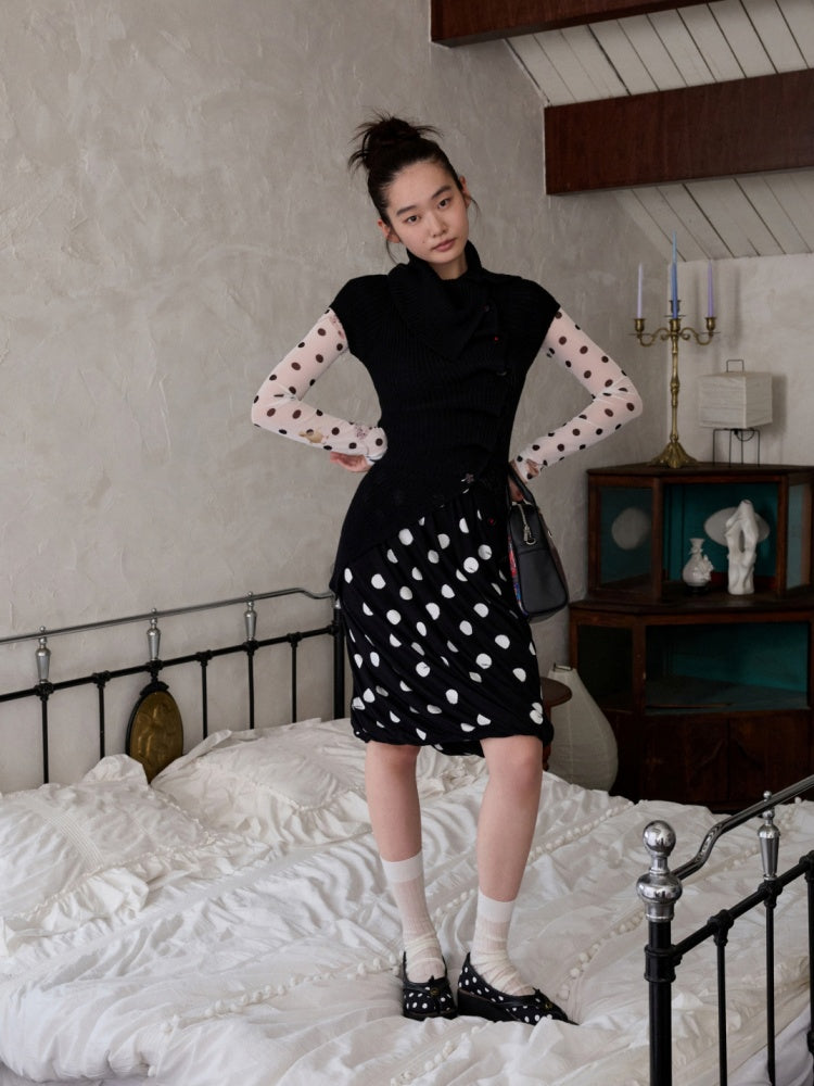 Retro Polka Dot Contrast Three-Dimensional Flower Bud Mid Skirt【s0000014233】