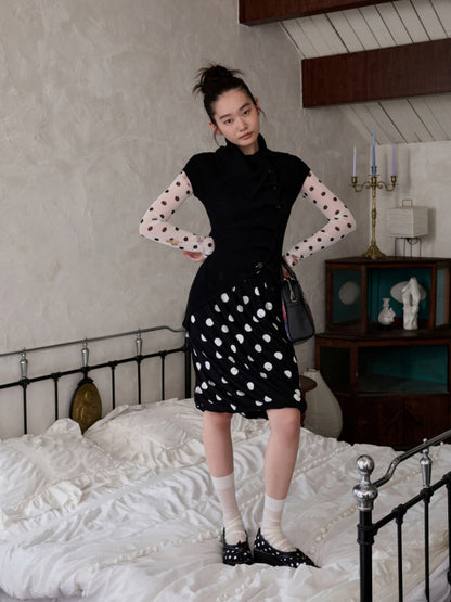 Retro Polka Dot Contrast Three-Dimensional Flower Bud Mid Skirt【s0000014233】