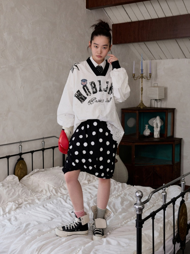 Retro Polka Dot Contrast Three-Dimensional Flower Bud Mid Skirt【s0000014233】