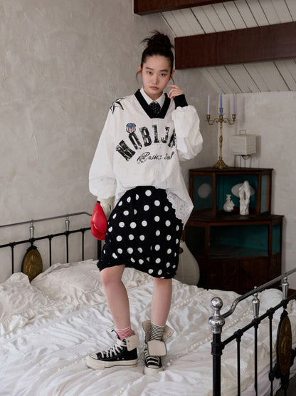 Retro Polka Dot Contrast Three-Dimensional Flower Bud Mid Skirt【s0000014233】