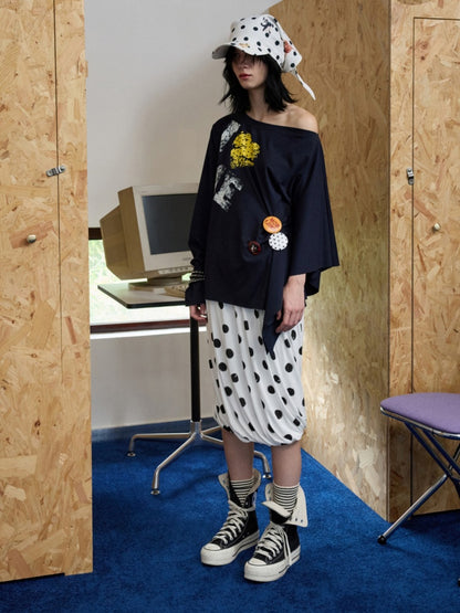 Retro Polka Dot Contrast Three-Dimensional Flower Bud Mid Skirt【s0000014233】