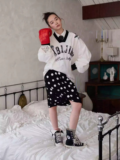 Retro Polka Dot Contrast Three-Dimensional Flower Bud Mid Skirt【s0000014233】