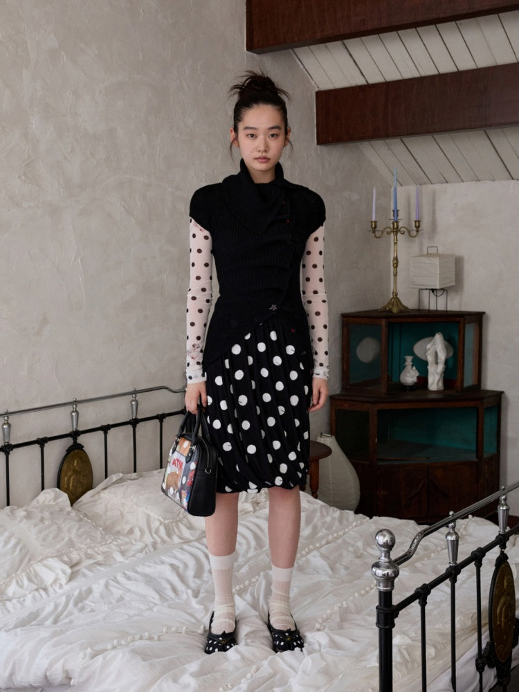 Retro Polka Dot Contrast Three-Dimensional Flower Bud Mid Skirt【s0000014233】
