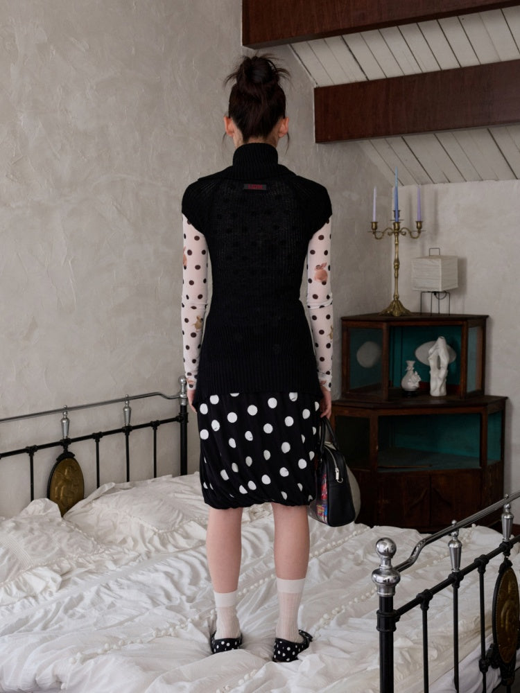 Retro Polka Dot Contrast Three-Dimensional Flower Bud Mid Skirt【s0000014233】