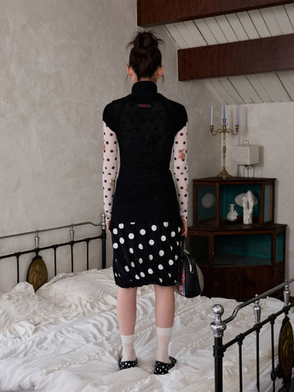 Retro Polka Dot Contrast Three-Dimensional Flower Bud Mid Skirt【s0000014233】