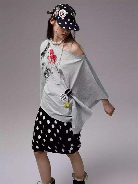 Badge Lazy Style Monogram Print Loose Off-Shoulder Sweatshirt【s0000014234】