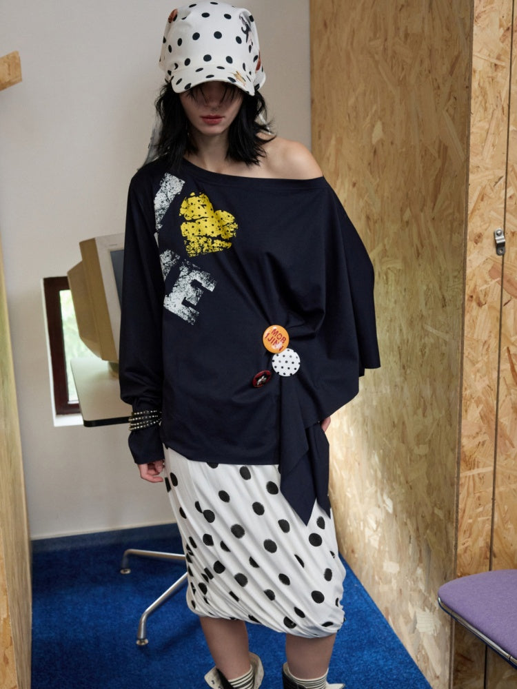 Badge Lazy Style Monogram Print Loose Off-Shoulder Sweatshirt【s0000014234】
