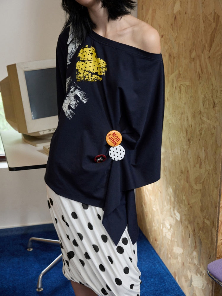 Badge Lazy Style Monogram Print Loose Off-Shoulder Sweatshirt【s0000014234】