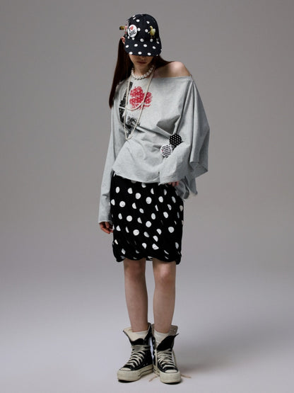 Badge Lazy Style Monogram Print Loose Off-Shoulder Sweatshirt【s0000014234】