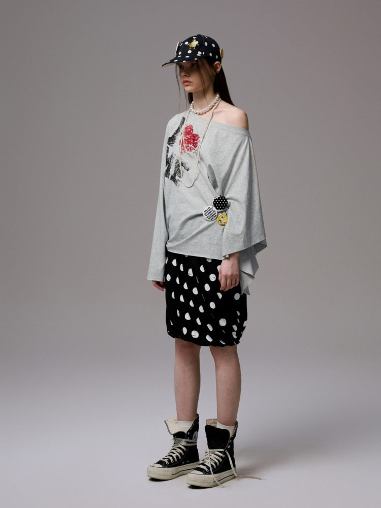 Badge Lazy Style Monogram Print Loose Off-Shoulder Sweatshirt【s0000014234】