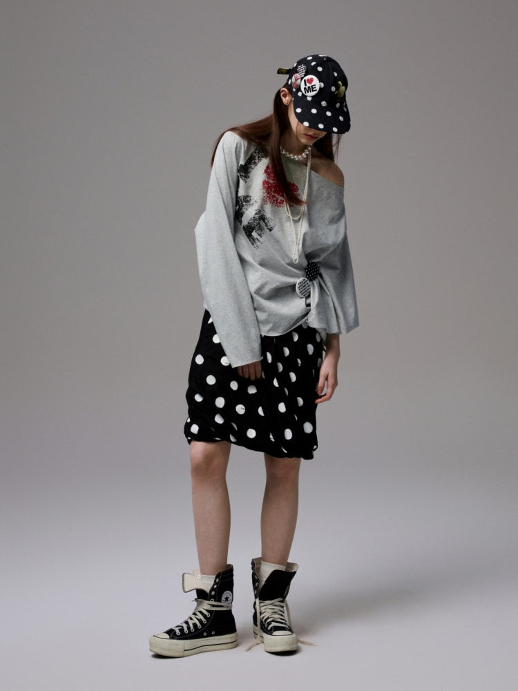 Badge Lazy Style Monogram Print Loose Off-Shoulder Sweatshirt【s0000014234】