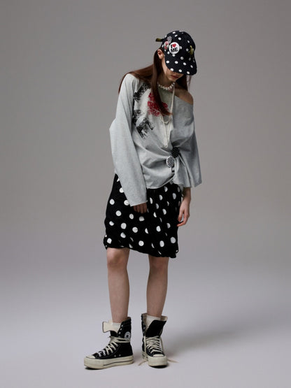 Badge Lazy Style Monogram Print Loose Off-Shoulder Sweatshirt【s0000014234】