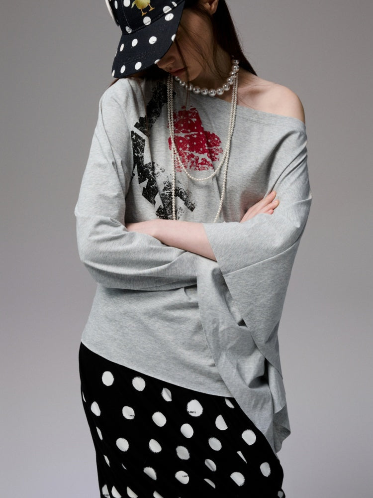 Badge Lazy Style Monogram Print Loose Off-Shoulder Sweatshirt【s0000014234】