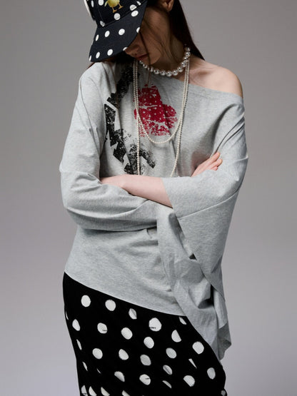 Badge Lazy Style Monogram Print Loose Off-Shoulder Sweatshirt【s0000014234】