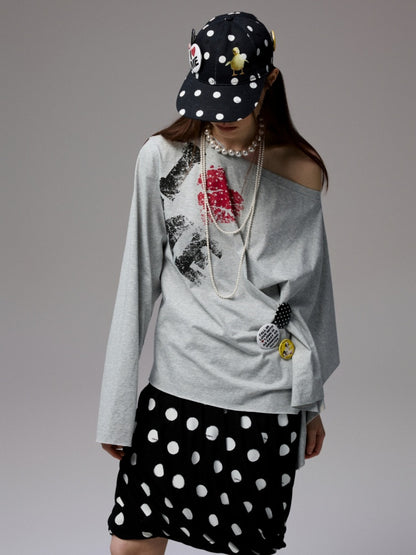 Badge Lazy Style Monogram Print Loose Off-Shoulder Sweatshirt【s0000014234】