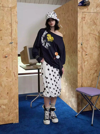 Badge Lazy Style Monogram Print Loose Off-Shoulder Sweatshirt【s0000014234】