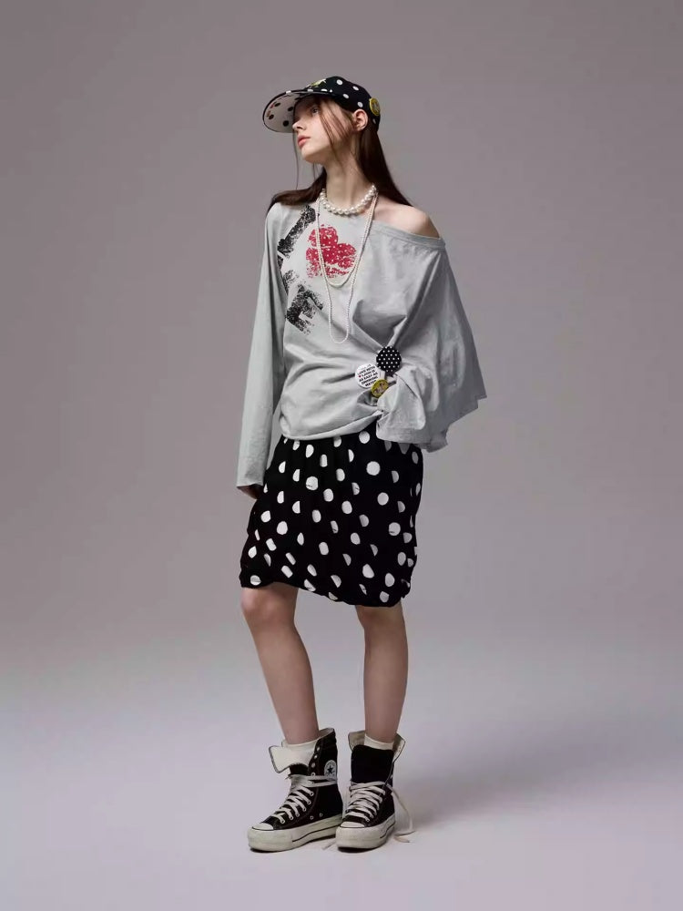 Badge Lazy Style Monogram Print Loose Off-Shoulder Sweatshirt【s0000014234】