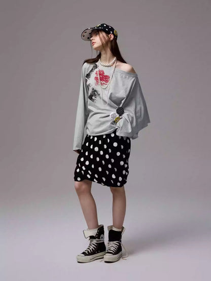 Badge Lazy Style Monogram Print Loose Off-Shoulder Sweatshirt【s0000014234】
