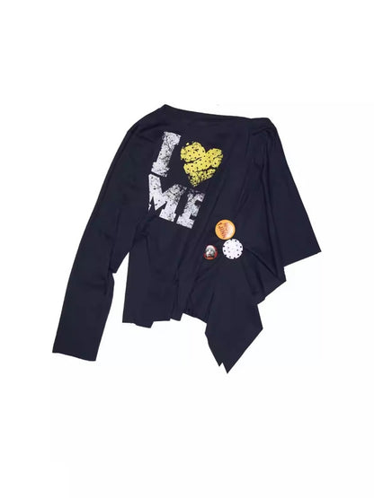 Badge Lazy Style Monogram Print Loose Off-Shoulder Sweatshirt【s0000014234】