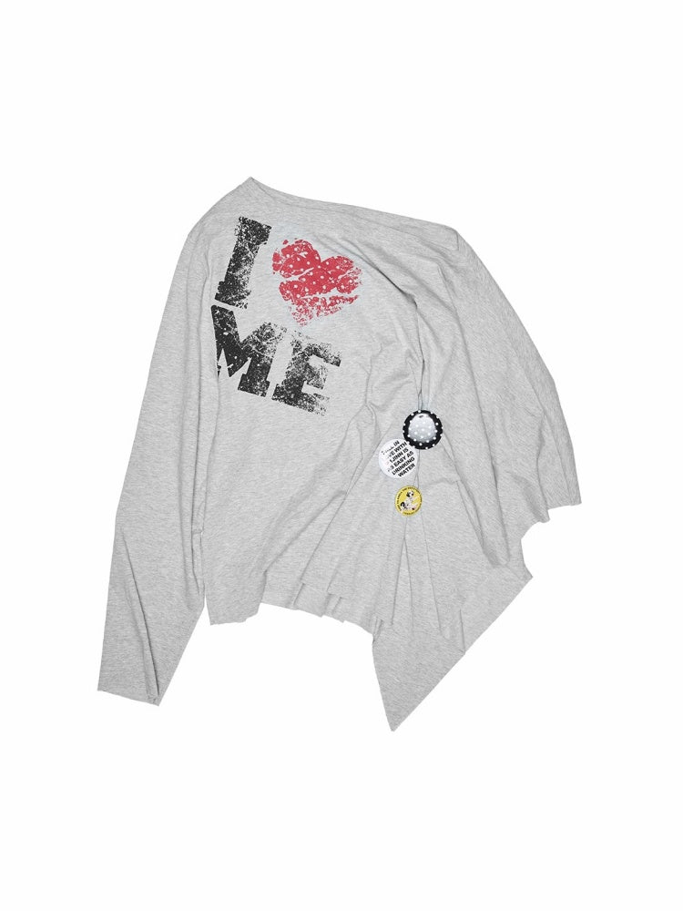 Badge Lazy Style Monogram Print Loose Off-Shoulder Sweatshirt【s0000014234】