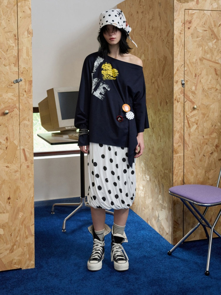 Badge Lazy Style Monogram Print Loose Off-Shoulder Sweatshirt【s0000014234】