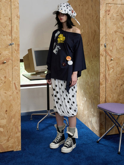 Badge Lazy Style Monogram Print Loose Off-Shoulder Sweatshirt【s0000014234】