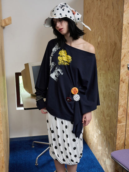 Badge Lazy Style Monogram Print Loose Off-Shoulder Sweatshirt【s0000014234】