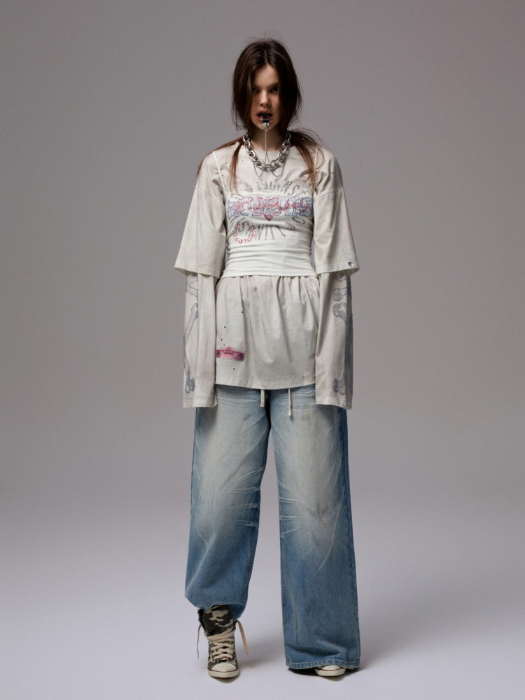 Vintage Rhinestone Fox Layered Mud-Dyed Distressed Washed Loose-Fit Long-Sleeve T-Shirt【s0000014235】