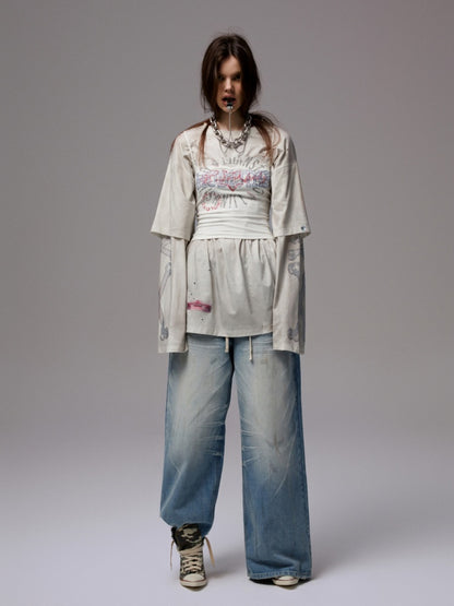Vintage Rhinestone Fox Layered Mud-Dyed Distressed Washed Loose-Fit Long-Sleeve T-Shirt【s0000014235】