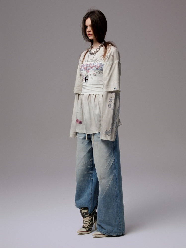 Vintage Rhinestone Fox Layered Mud-Dyed Distressed Washed Loose-Fit Long-Sleeve T-Shirt【s0000014235】